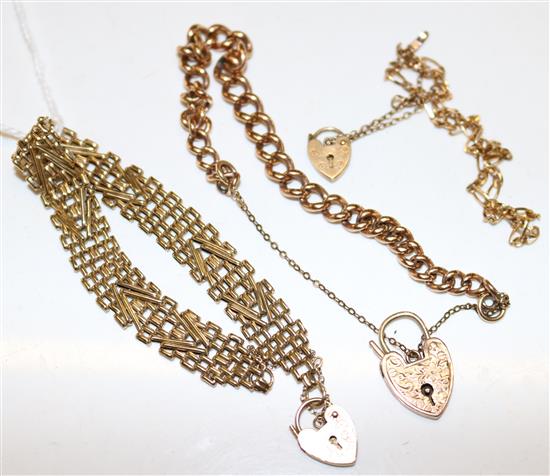 Three 9ct gold chain bracelets with padlock clasps